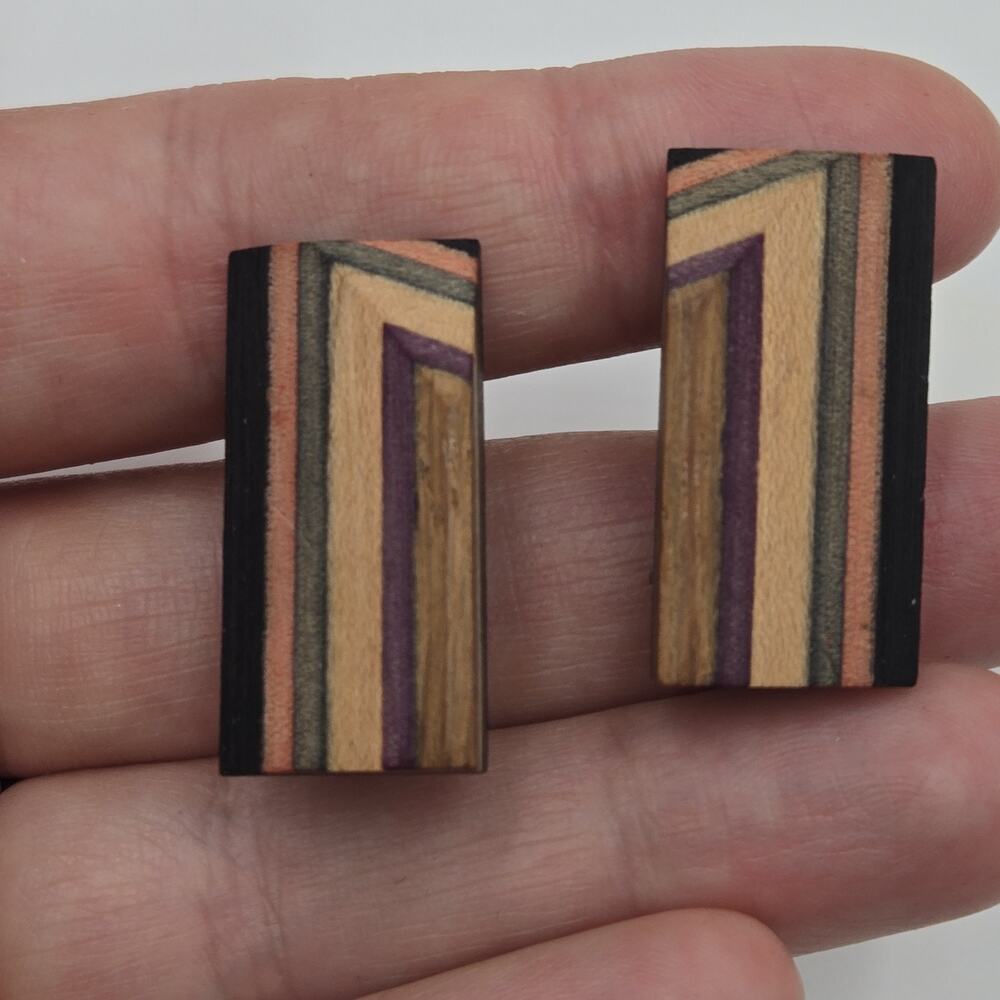 Vintage Oversize Clip Earrings 12k Gold Filled Wood Bohemian Geometric Modernist